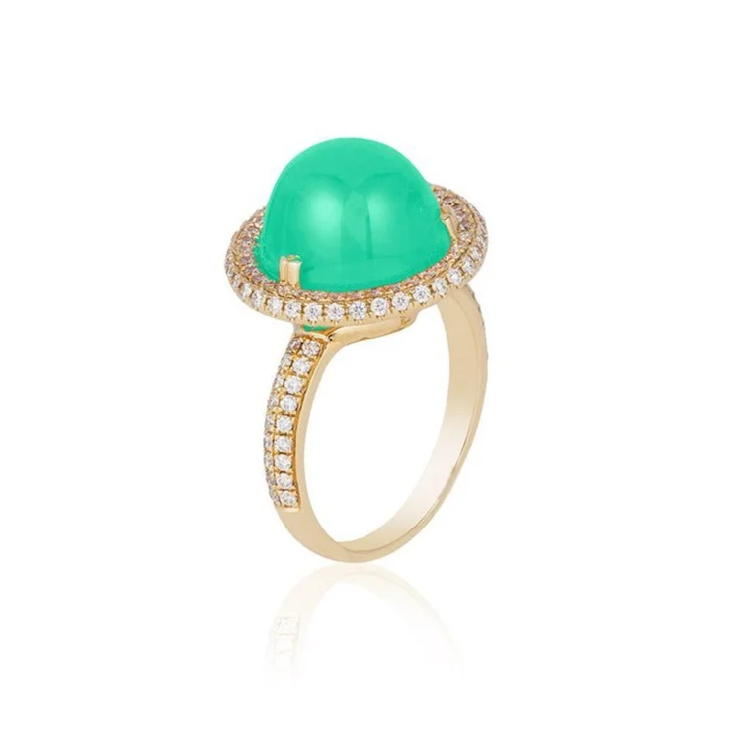 Best Fine Rings-One of a Kind Round Chrysoprase Ring with Diamonds