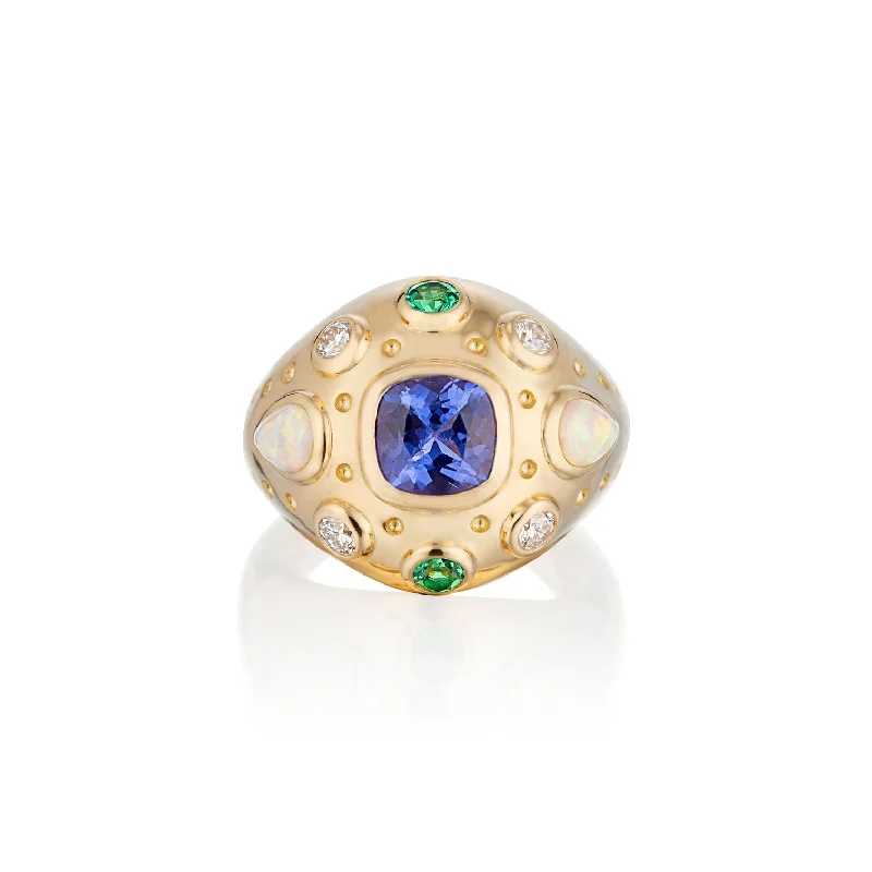 Rings Shopping Guide-Aster Dome Ring with Tanzanite, Diamonds, Emeralds and Opal Gemstones