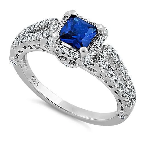 Mild Rings For Peace-Sterling Silver Lavish Blue Spinel Princess Cut CZ Ring