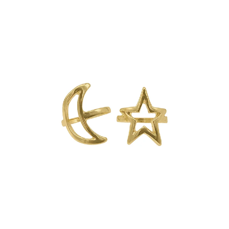 Rings For Town Style-14k Gold Plated Moon and Star Ring Set