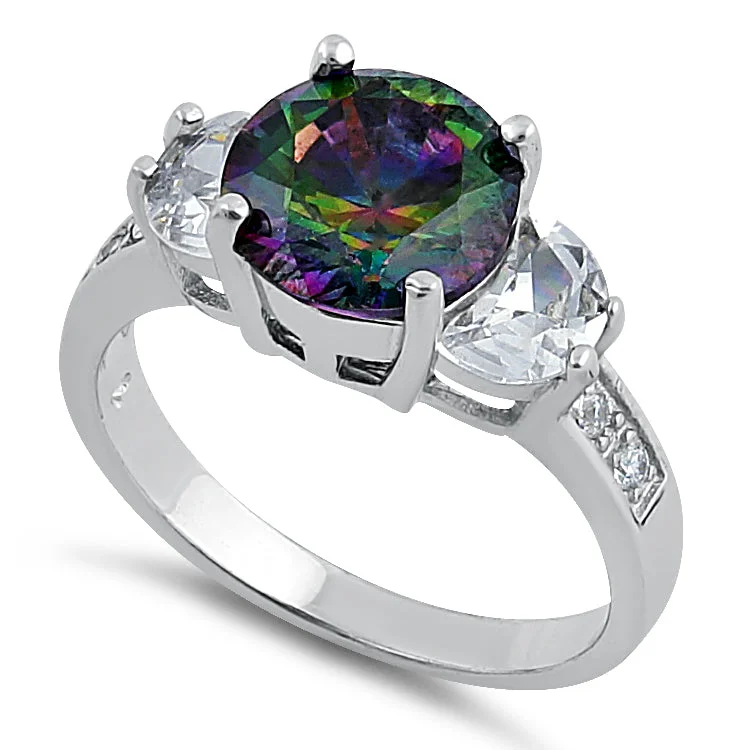 Rings For Packed Venues-Sterling Silver Round Triple Stone Rainbow Topaz CZ Ring