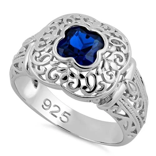 Best Long Rings-Sterling Silver Quatrefoil Blue Spinel CZ Ring