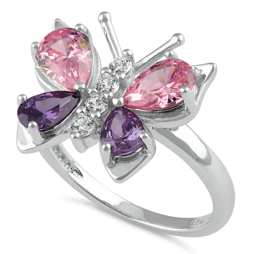 Rings Glow Reviews-Sterling Silver Large Pink and Purple CZ Butterfly Ring