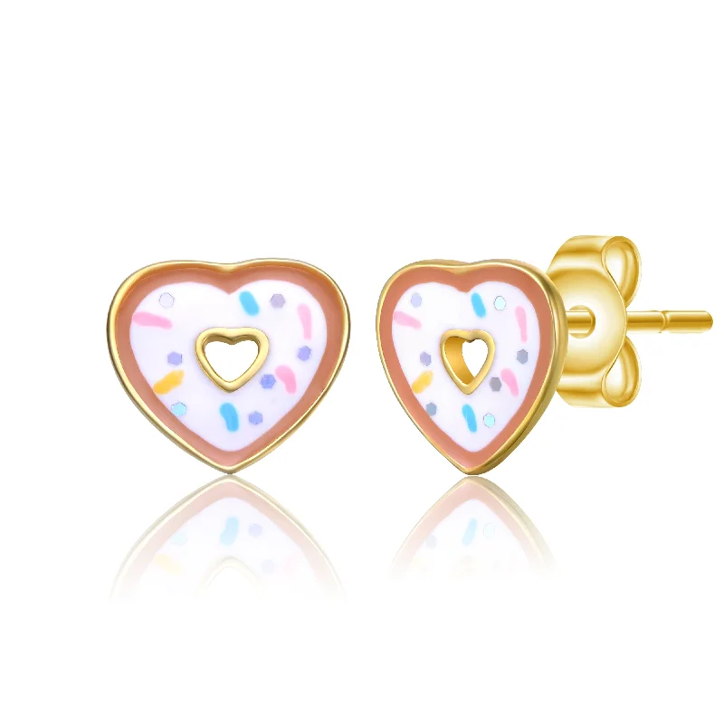 Earrings Fit Rating-14k Gold Plated Sprinkled Donut Heart Halo Stud Earrings