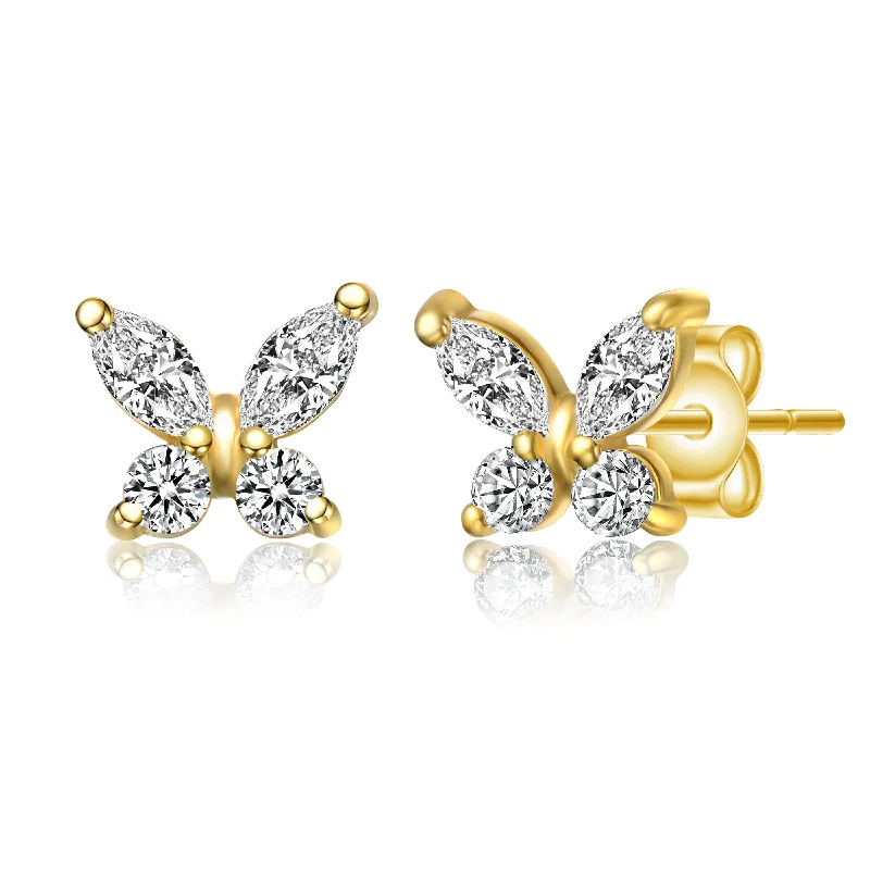 Big Earrings For Flair-14k Gold Plated Marquise Cubic Zirconia Flower Butterfly Stud Earrings