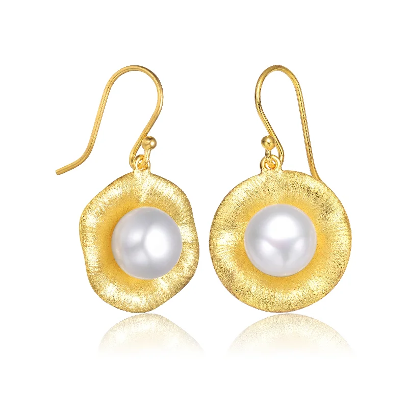 Earrings For Home Parties-Delphine Golden Brushed Flower Pearl Earrings