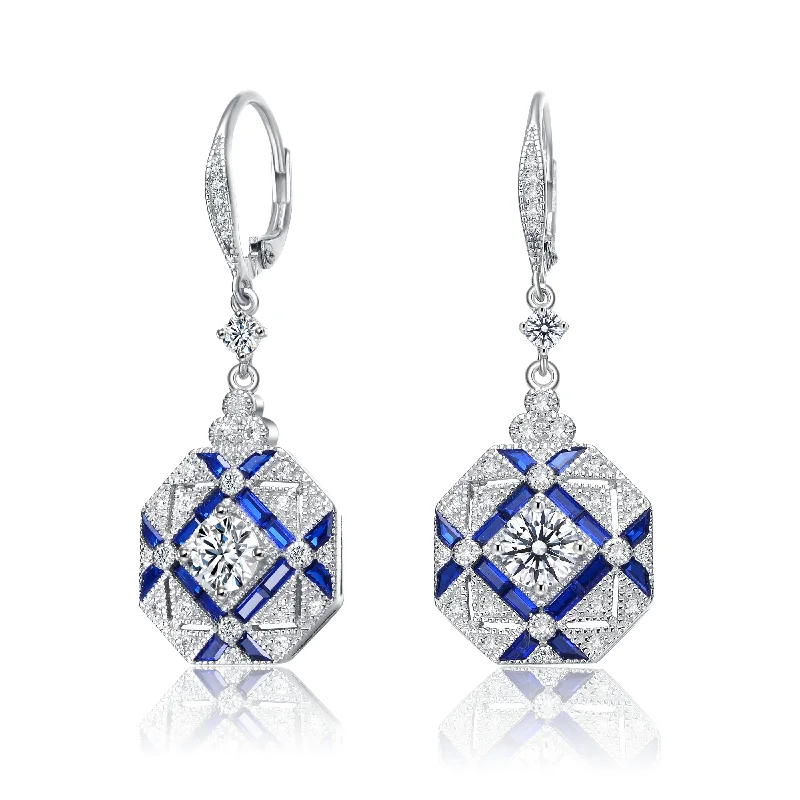 Earrings For Handmade Gifts-Sterling Silver with Rhodium Plated and Sapphire Cubic Zirconia Drop Earrings