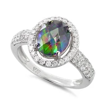 Rings For Icy Hues-Sterling Silver Rainbow Topaz Oval Halo CZ Ring