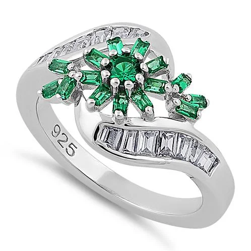 Rings For High Beam-Sterling Silver Blooming Flower Emerald CZ Ring