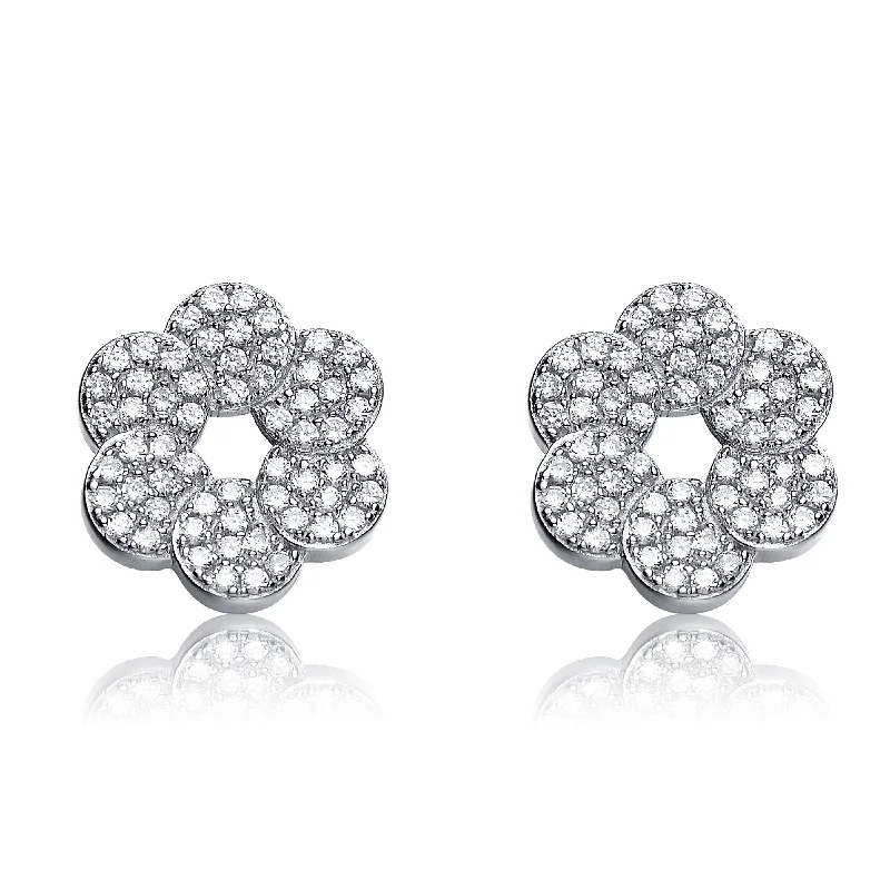 Broad Earrings For Show-Sterling Silver Cubic Zirconia Round Flower Shape Earrings