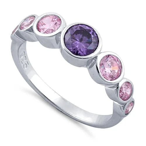 Low Fit Rings-Sterling Silver Amethyst & Pink Seven Stone Round CZ Ring