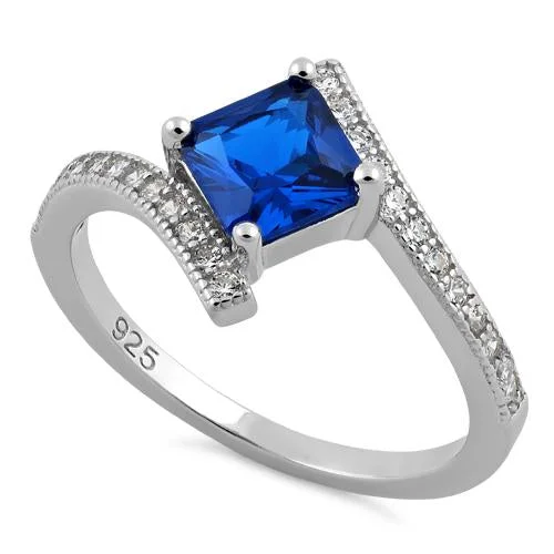 Rings With Etched Patterns-Sterling Silver Elegant Princess Cut Blue Spinel CZ Ring