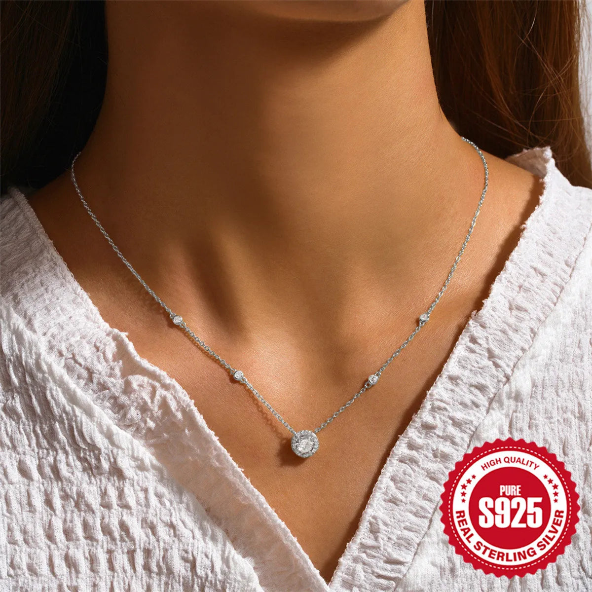 Necklaces For Wild Looks-Sterling Silver Simple Style Round Plating Inlay Zircon Necklace