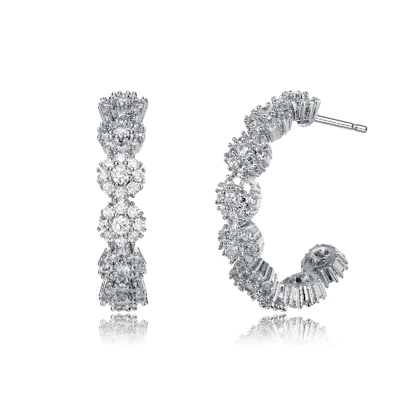 Earrings For Large Studs-Sterling Silver with Rhodium Plated Clear Round Cubic Zirconia Flower Cluster Hoop Earrings