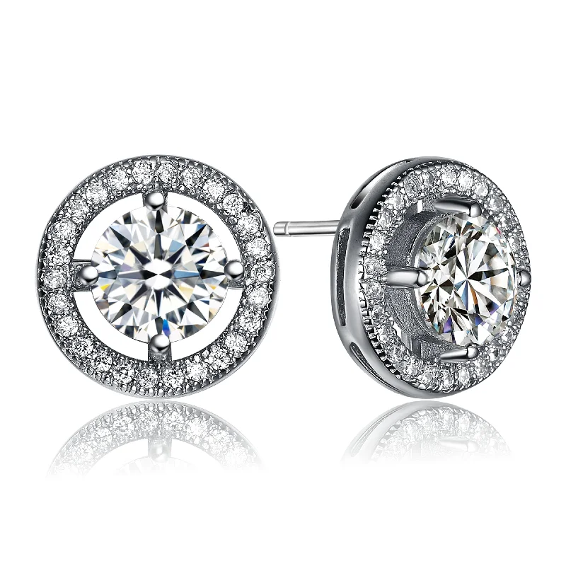 Earrings For Dance Events-CZ Sterling Silver Round Stud Style Earrings