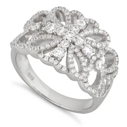 Rings For Solo Wear-Sterling Silver Flower Cross Pave CZ Ring