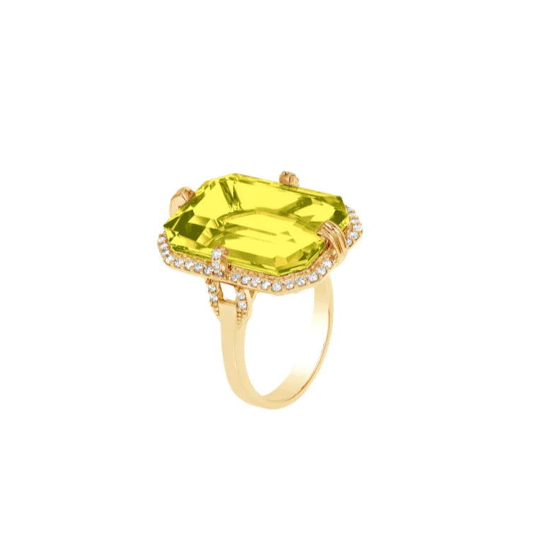 Rings For Lone Wear-Gossip Lemon Quartz Emerald Cut Ring with Diamonds