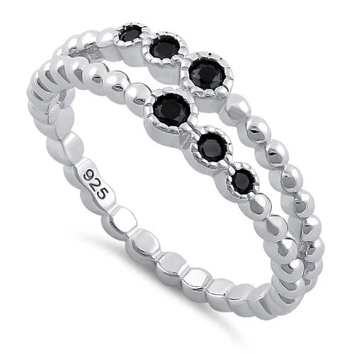 Rings For Desk Style-Sterling Silver Double Beaded Black CZ Ring