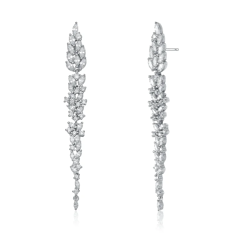 Earrings For Punk Edge-Sterling Silver Leaf-Shaped White Cubic Zirconia Accent Dangle Earrings