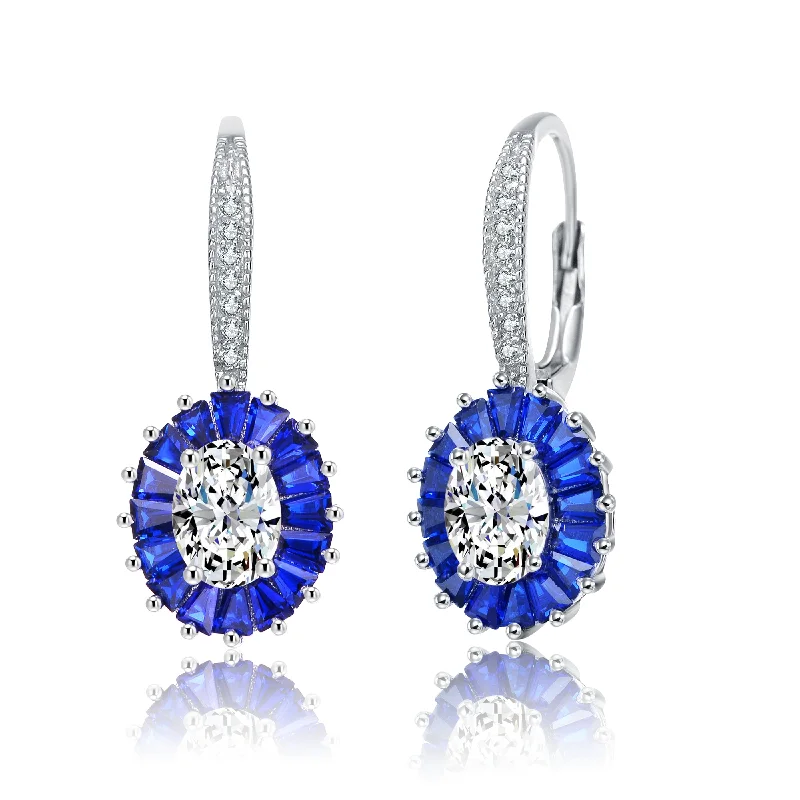 Earrings For Grad Nights-Sterling Silver with Rhodium Plated and Sapphire Cubic Zirconia Leverback Earrings