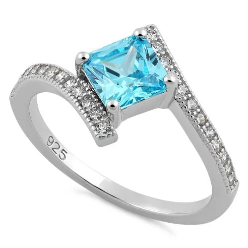 Rings For Pale Hues-Sterling Silver Elegant Princess Cut Aqua Blue CZ Ring