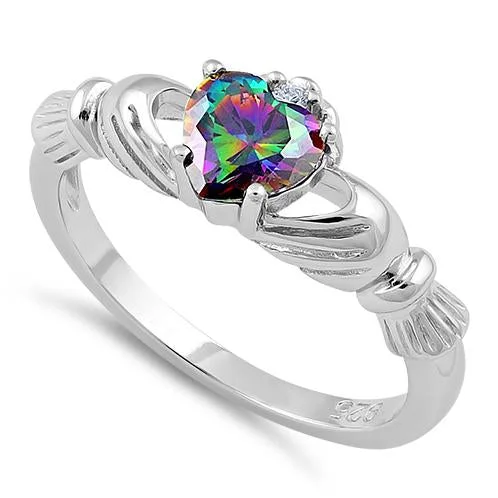 Rings Craft Reviews-Sterling Silver Claddagh Rainbow CZ Ring