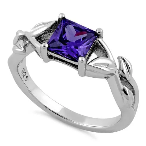 Rings For Middle Age-Sterling Silver Leaves Vines Princess Cut Amethyst CZ Ring