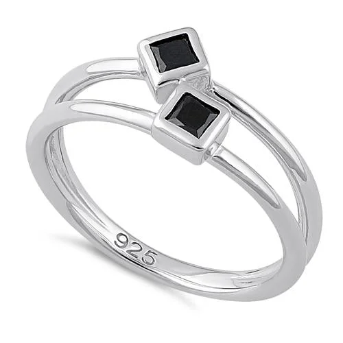 Top Rings For Fancy Style-Sterling Silver Double Princess Cut Black CZ Ring