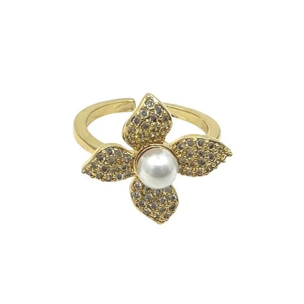 Rings For Slim Hands-Adjustable Ring: CZ Flower & Pearl (RG453)