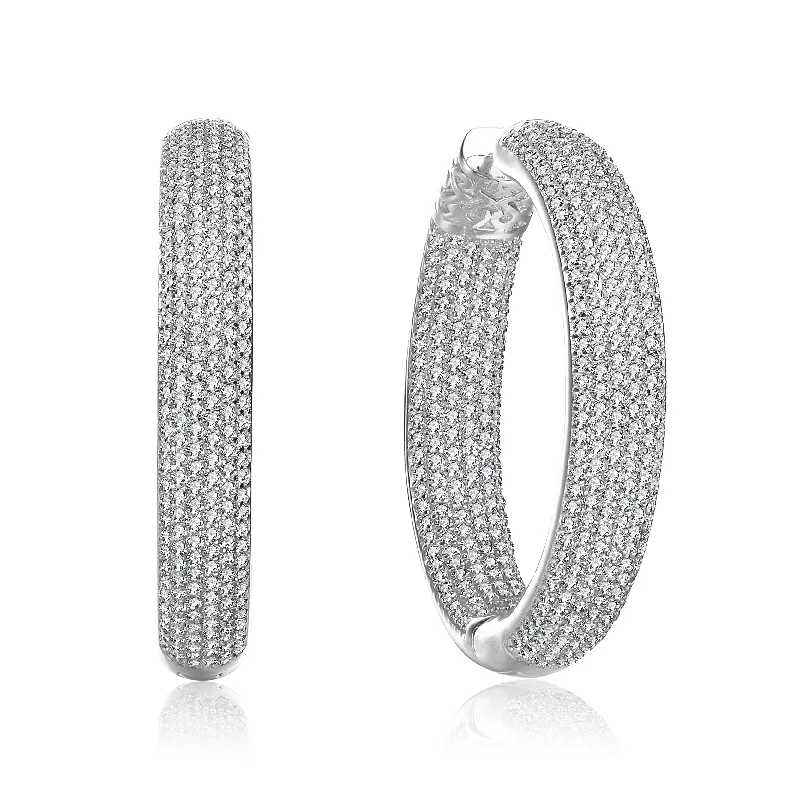 Earrings For Straight Hair-Cubic Zirconia 10-Row French Pave Inside Out Large Tubular Hoop Earrings