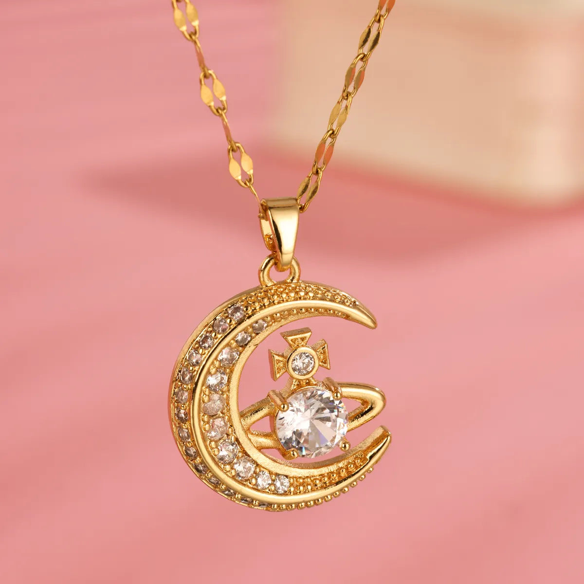 Necklaces For Morning Glow-Elegant Moon Stainless Steel Plating Hollow Out Inlay Zircon 18k Gold Plated Necklace