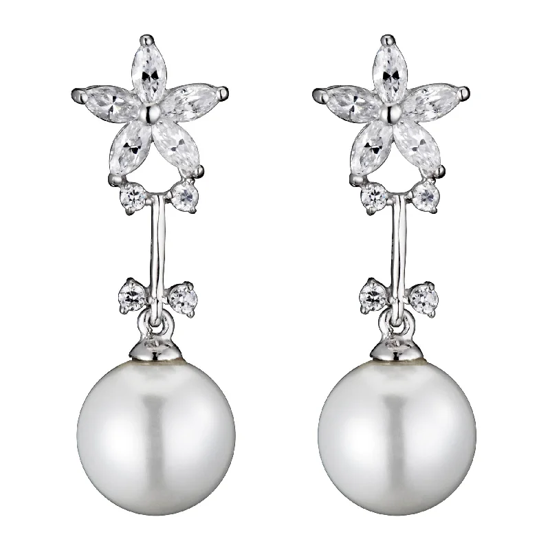 Earrings Shop Tips-Cubic Zirconia Sterling Silver Faux Pearl and Clear Cubic Zirconia Drop Earrings