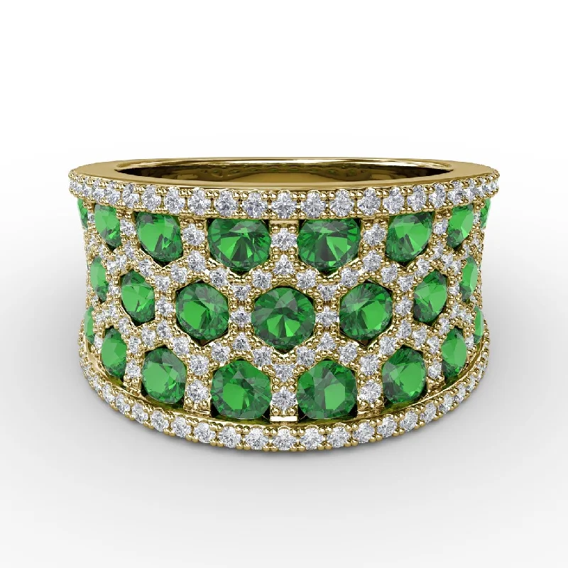 Rings Bulk Tips-Emerald & Diamond Wide Band in 14K Yellow Gold