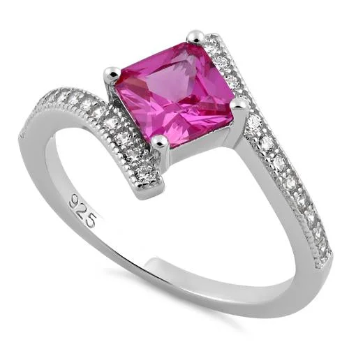 Rings With Rose Gold-Sterling Silver Elegant Princess Cut Pink CZ Ring