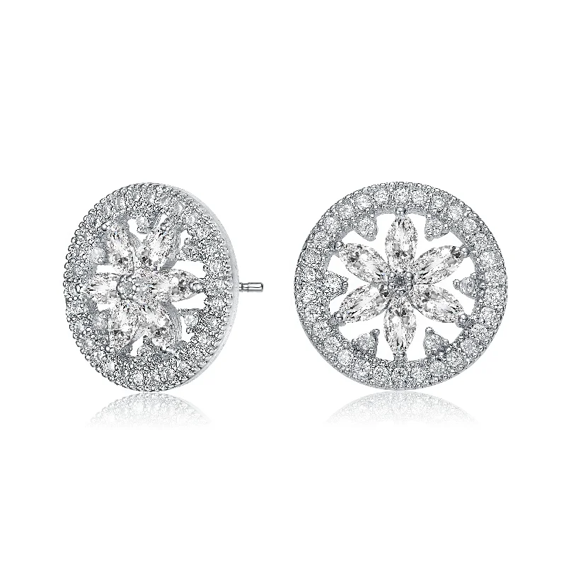 Earrings For Steel Fans-Sterling Silver with Rhodium Plated Clear Marquise with Round Cubic Zirconia Halo Wreath Earrings