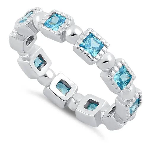 Rings For Golden Years-Sterling Silver Princess Cut Blue Topaz Eternity CZ Ring