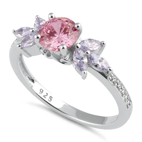 Rings Cut Guide-Sterling Silver Flower Leaves Pink and Lavender CZ Ring