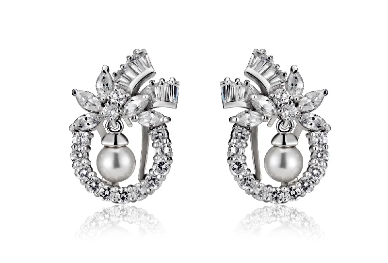 Trendy Earrings For Now-Cubic Zirconia Sterling Silver Rhodium Plated Pearl Earrings