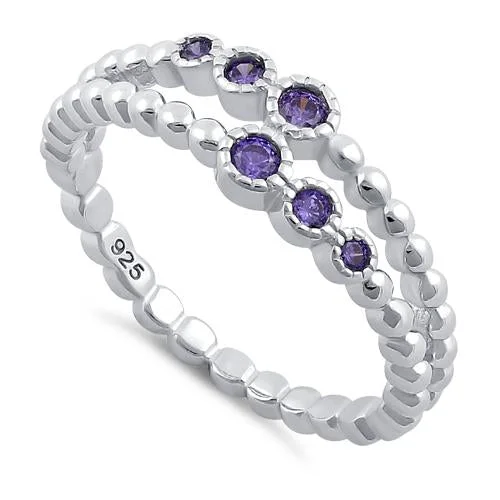 Rings For Gala Events-Sterling Silver Double Beaded Amethyst CZ Ring