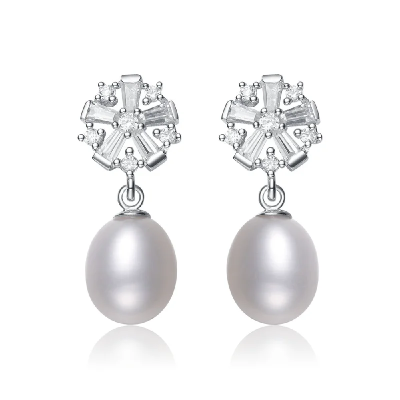 Earrings Style Advice-Cubic Zirconia Sterling Silver Rhodium Plated Pearl Drop Earrings