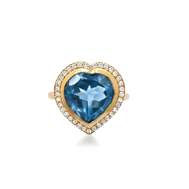 Rings For High Palms-London Blue Topaz Bezel Set Heart Ring & Diamond Frame