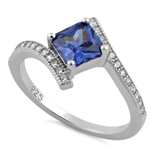 Rings With Platinum Shine-Sterling Silver Elegant Princess Cut Tanzanite CZ Ring