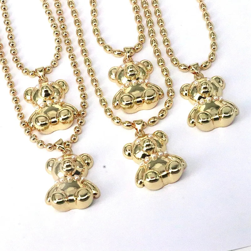 Necklaces For Broad Looks-Casual Hip-Hop Little Bear Copper Plating Inlay Pearl Gold Plated Pendant Necklace