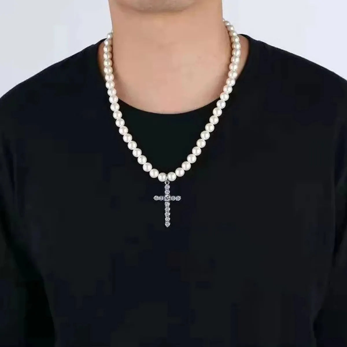 Necklaces For Summer Shine-Casual Simple Style Cross Imitation Pearl Alloy Beaded Plating Inlay Rhinestones Men'S Pendant Necklace Long Necklace