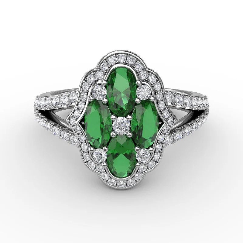 Most Sturdy Rings-Diamond & Emerald Cocktail Ring in 14K White Gold