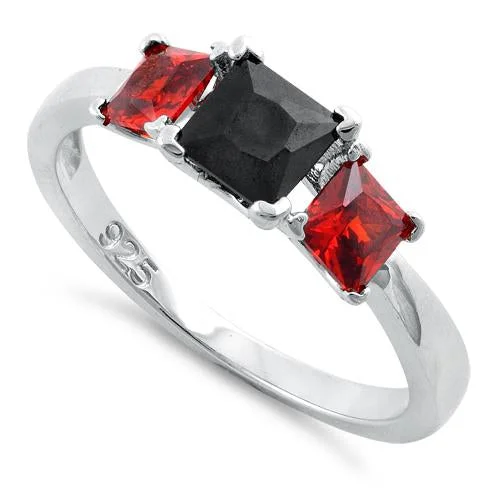 Rings With Quartz Gems-Sterling Silver Triple Square Black & Garnet CZ Ring