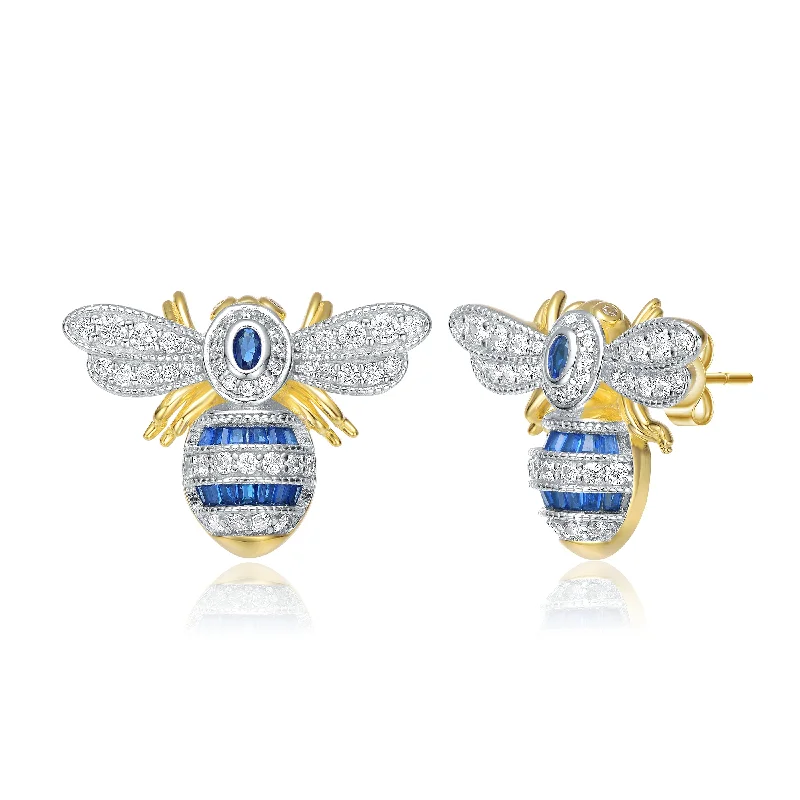 Earrings For Flat Shine-Sterling Silver 14k Yellow Gold Plated with Blue Sapphire & Cubic Zirconia Wasp Stud Earrings