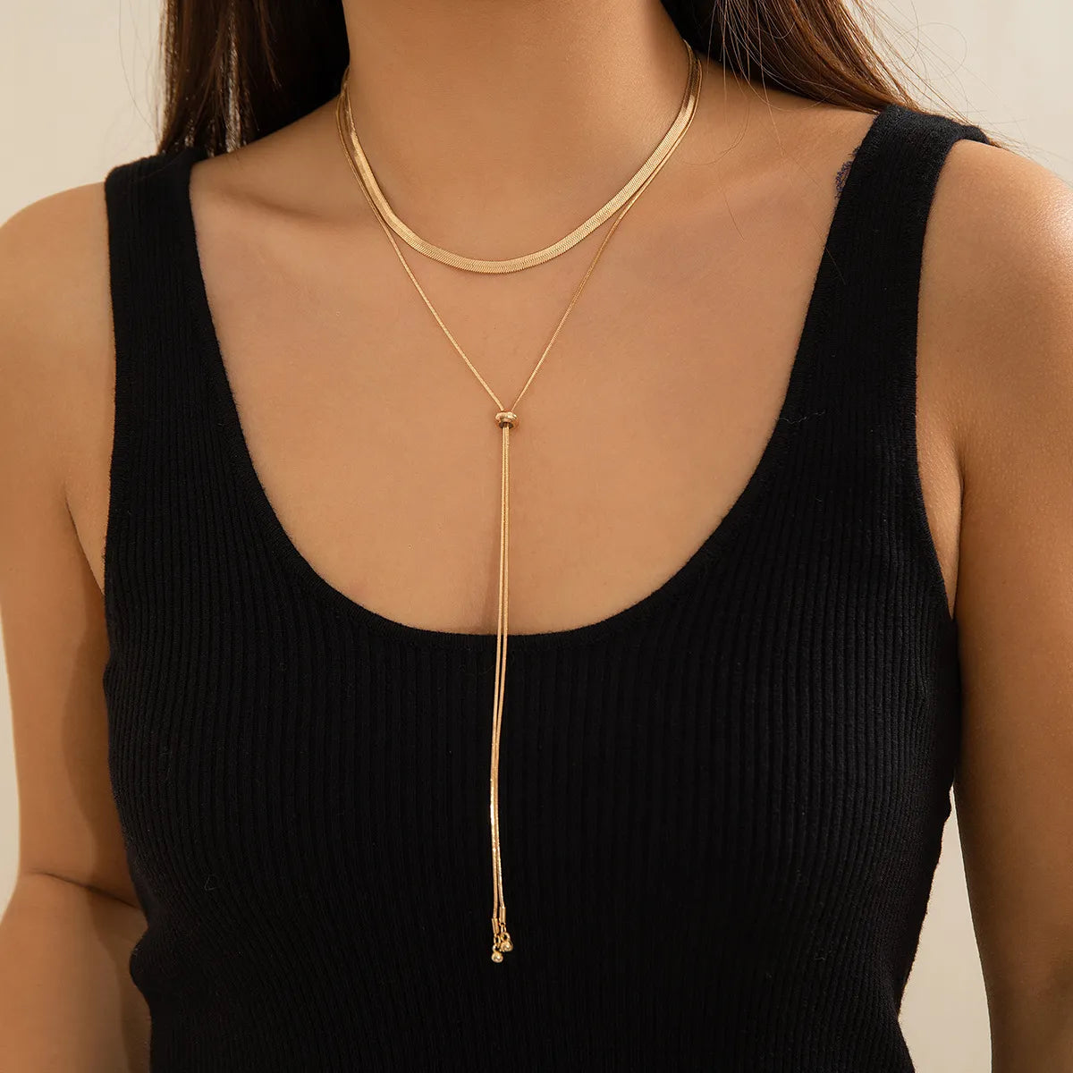 Necklaces Designer Reviews-Copper 18K Gold Plated Elegant Geometric Solid Color Layered Tassel Long Necklace