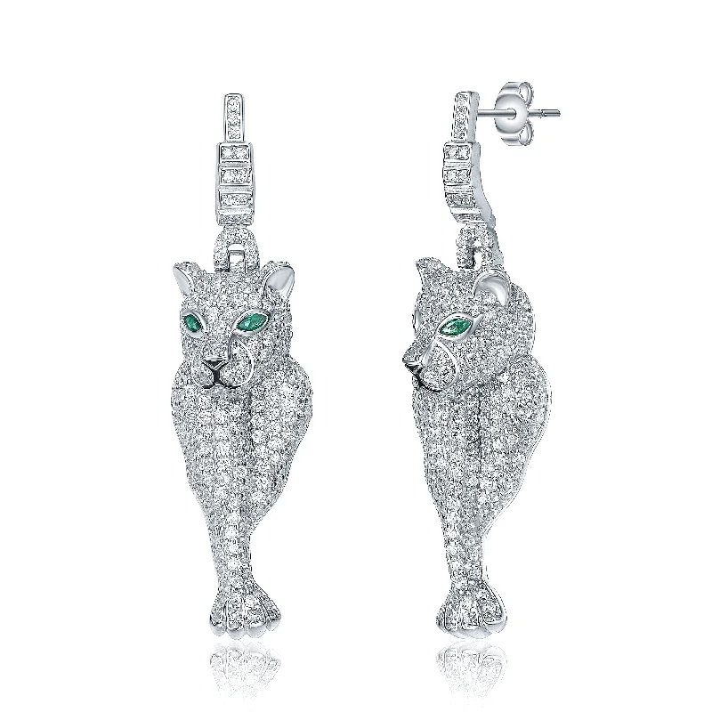 Earrings Deal Reviews-White Gold Plated with Emerald Eyes & Cubic Zirconia Panther Dangle Earrings in Sterling SIlver