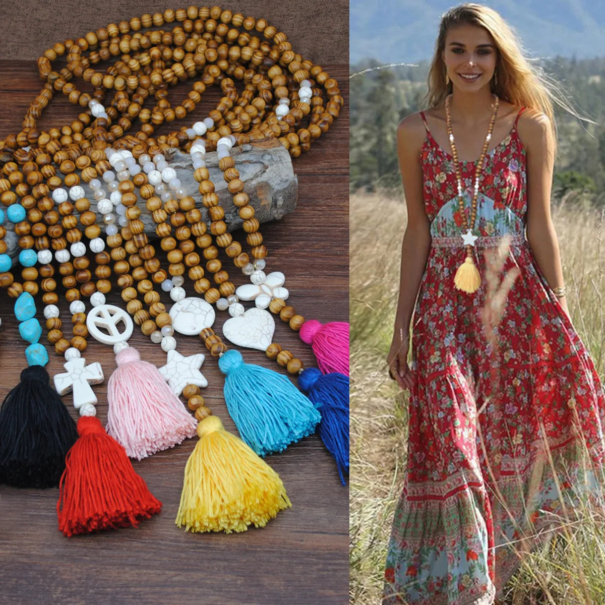 Necklaces For Town Style-Retro Turquoise Pendant Wood Bead Bohemian Color Tassel Long Necklace